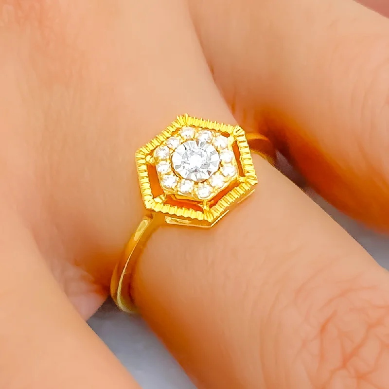 Impressive Hexagonal 18K Gold + Diamond Ring