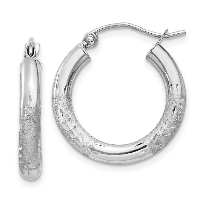 Curata 10k White Gold Satin and Sparkle Cut 3x20mm Round Hoop Earrings