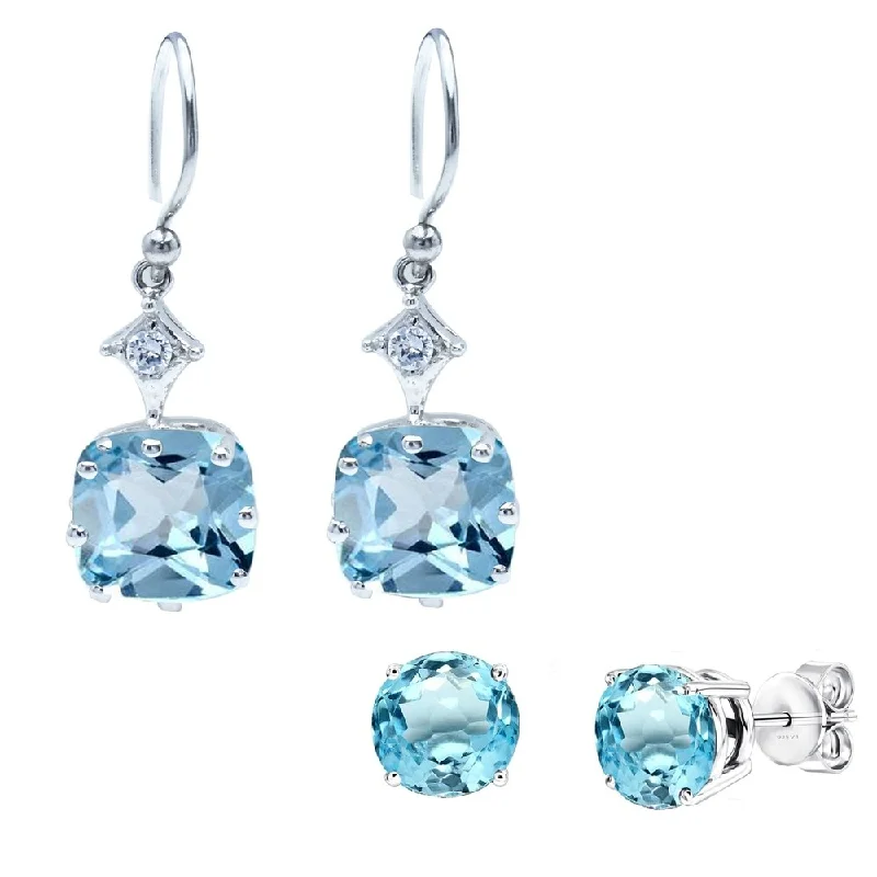 Set of Two Sterling Silver with Natural Sky Blue Topaz and White Topaz Earrings