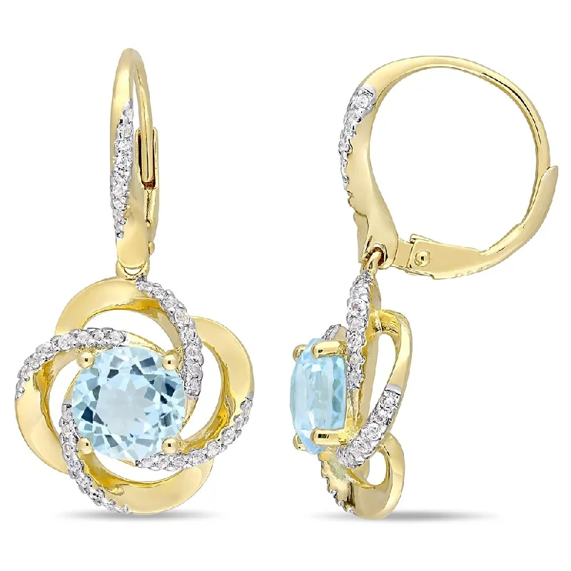 Miadora Yellow Gold Plated Sterling Silver Sky-Blue Topaz and White Topaz Swirl Halo Leverback Earrings