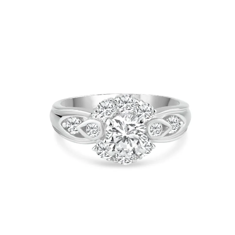 Silver 925 Rhodium Plated Clear Center and Cluster CZ Flower Ring - BGR00729