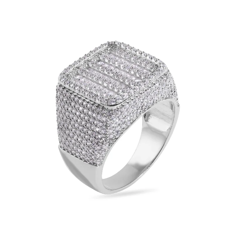 Rhodium Plated 925 Sterling Silver Statement Baguette Clear CZ Studded Square Top 17.5mm Ring - GMR00385