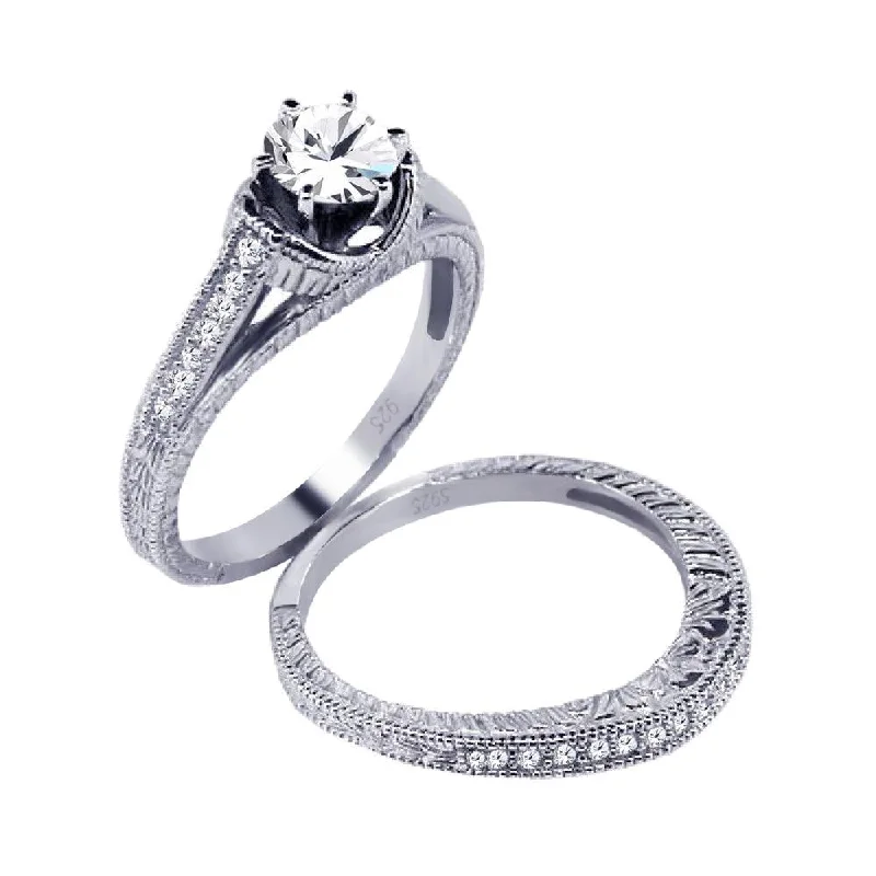 Silver 925 Rhodium Plated Pave Clear Round CZ Engagement Ring Set - ACR00021