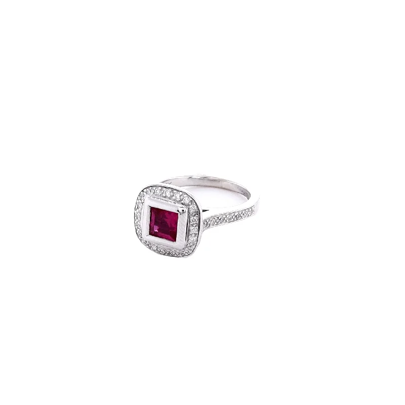 Estate 14k White Gold Square Ruby and Diamond Ring