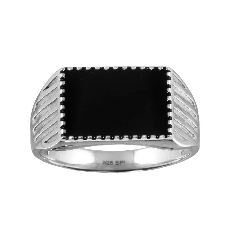 Rhodium Plated 925 Sterling Silver Black Enamel Ring - SOR00001