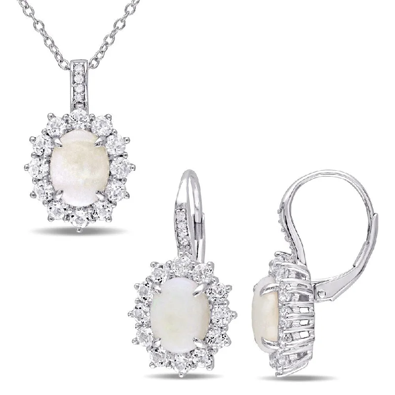 Miadora Sterling Silver Opal White Topaz and Diamond Halo Necklace and Earrings Set