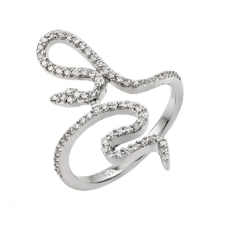 Silver 925 Rhodium Plated Clear CZ Inlay Snake Wrap Ring - STR00966