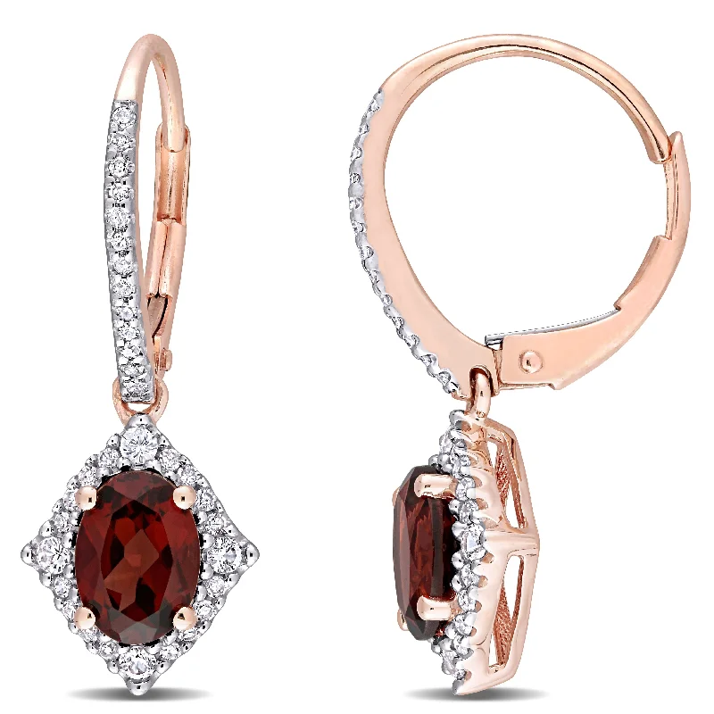 Miadora 10k Rose Gold Garnet, White Sapphire and 1/5ct TDW Diamond Halo Leverback Earrings - 25.6mm x 9.6mm x 13.7mm