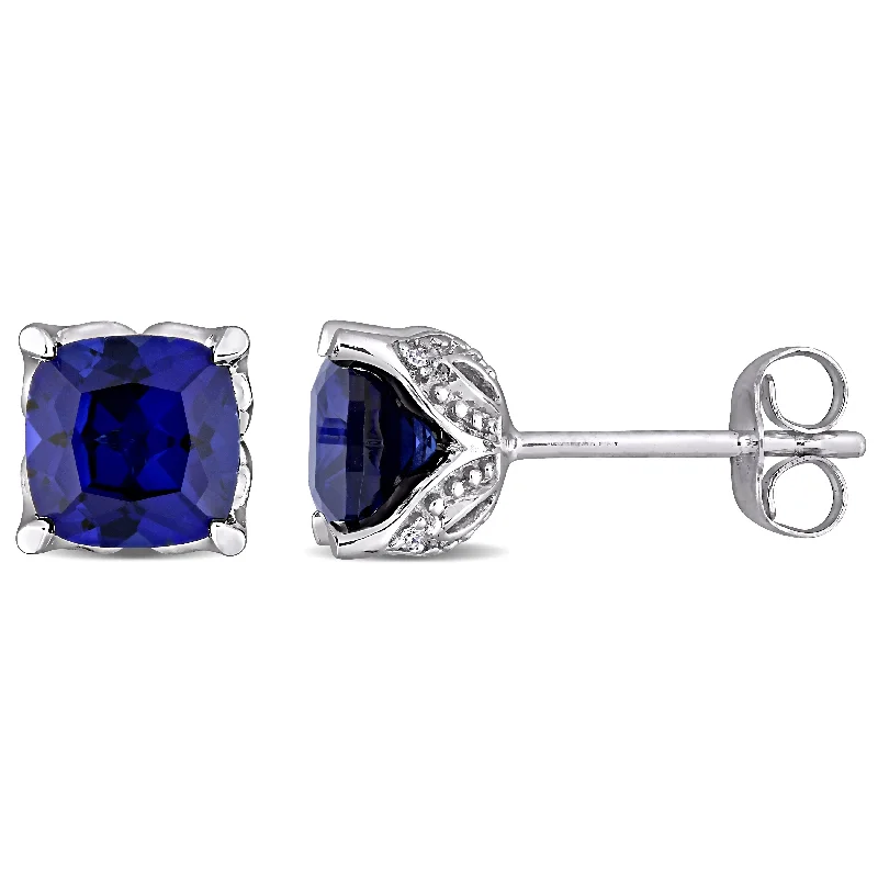 Miadora 10k White Gold Cushion Created Blue Sapphire & Diamond Accent Solitaire Stud Earrings - 6.6mm x 6.6mm x 5.7mm