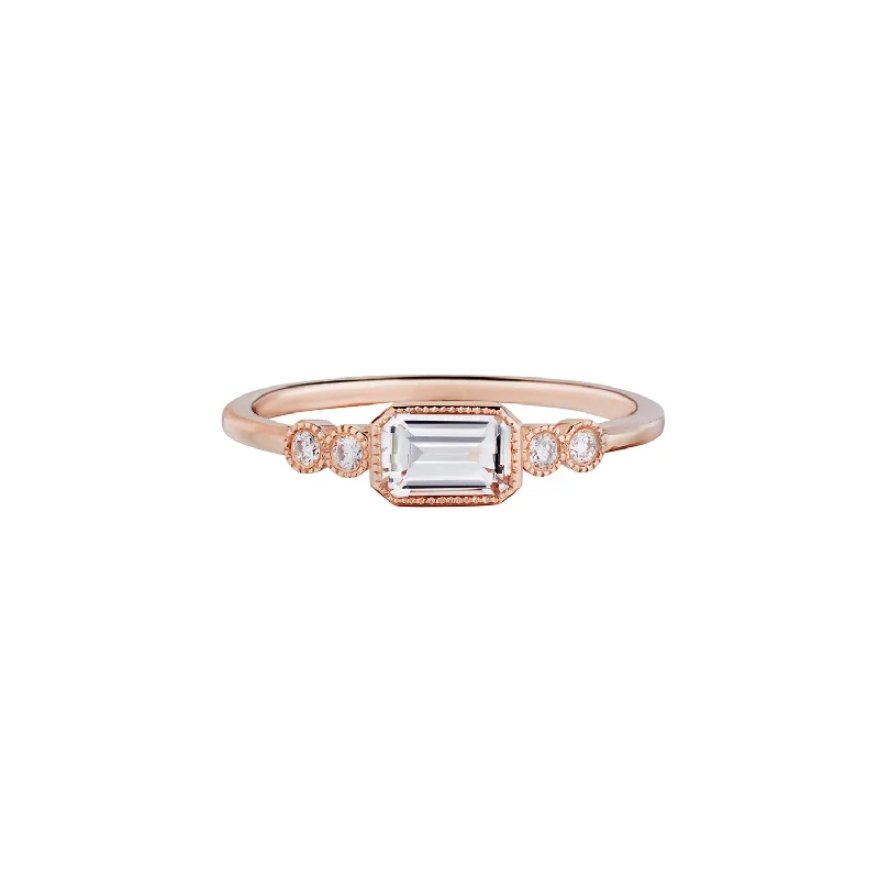 EMERALD CUT WHITE TOPAZ & DIAMOND RING