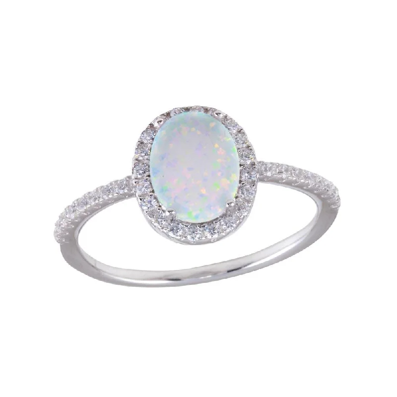 Rhodium Plated 925 Sterling Silver Oval Solitaire Synthetic Opal CZ Ring - BGR01257