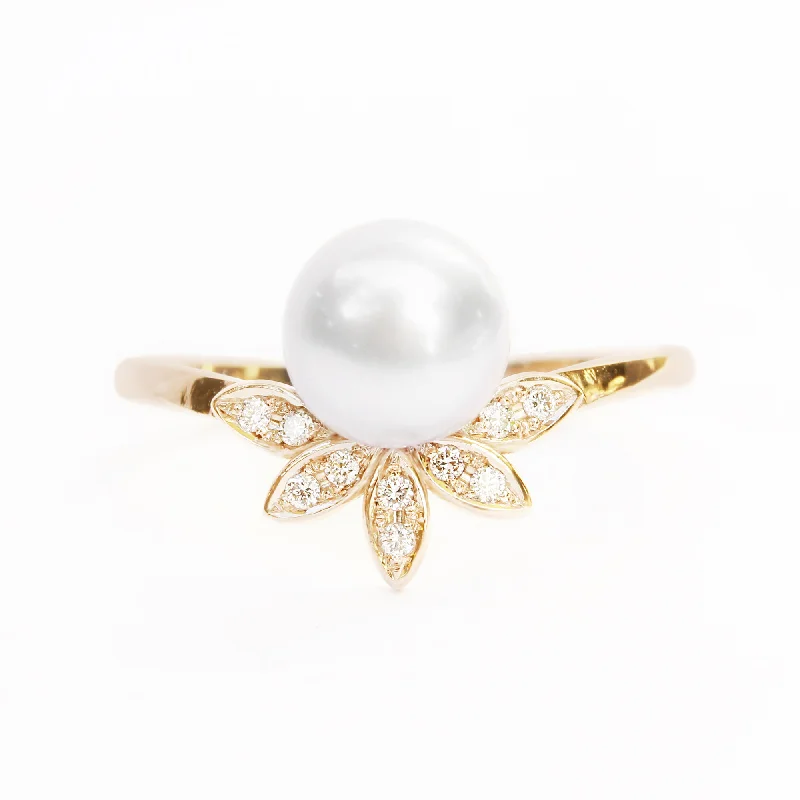 Pearl and Diamond Leaves Ring, Unique Multistone diamond ring