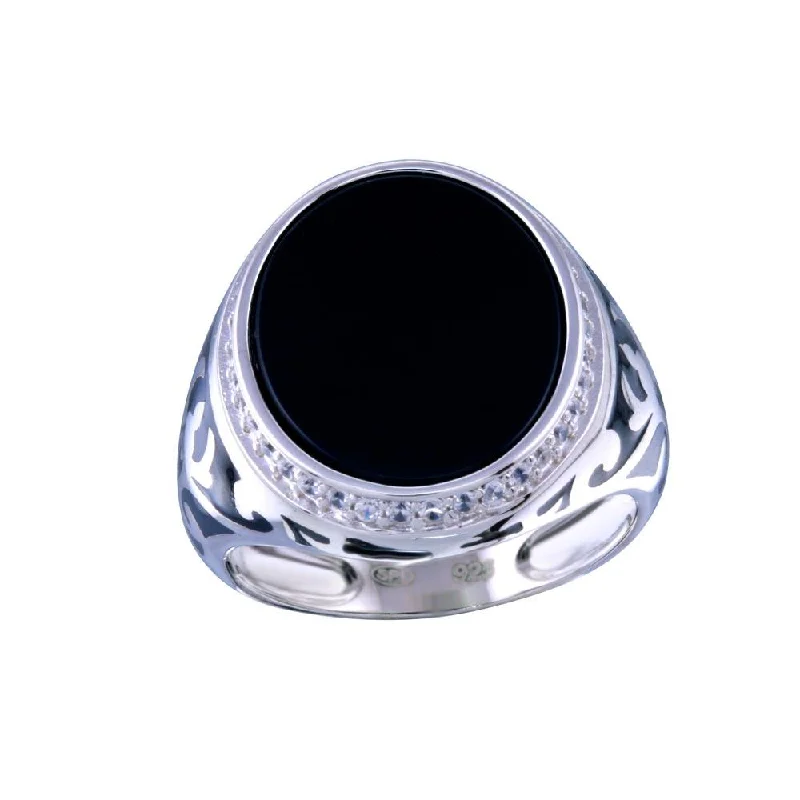 Rhodium Plated 925 Sterling Silver Men's Flat Oval Onyx Ring with CZ - GMR00251RH