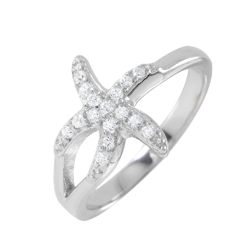 Silver 925 Rhodium Plated Clear Pave Set CZ Small Skinny Starfish Ring - BGR00950