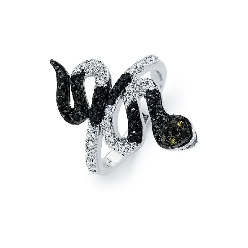 Silver 925 Rhodium and Black Rhodium Plated 2 Toned Clear and Black CZ Snake Ring - BGR00522