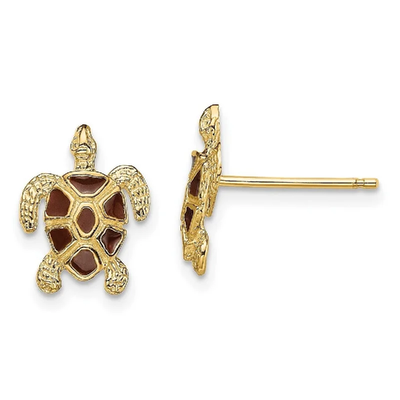 Curata 14k Gold Sea Turtle Post Earrings With Brown Enamel Shell Textured - 11.3x8.75mm Wide