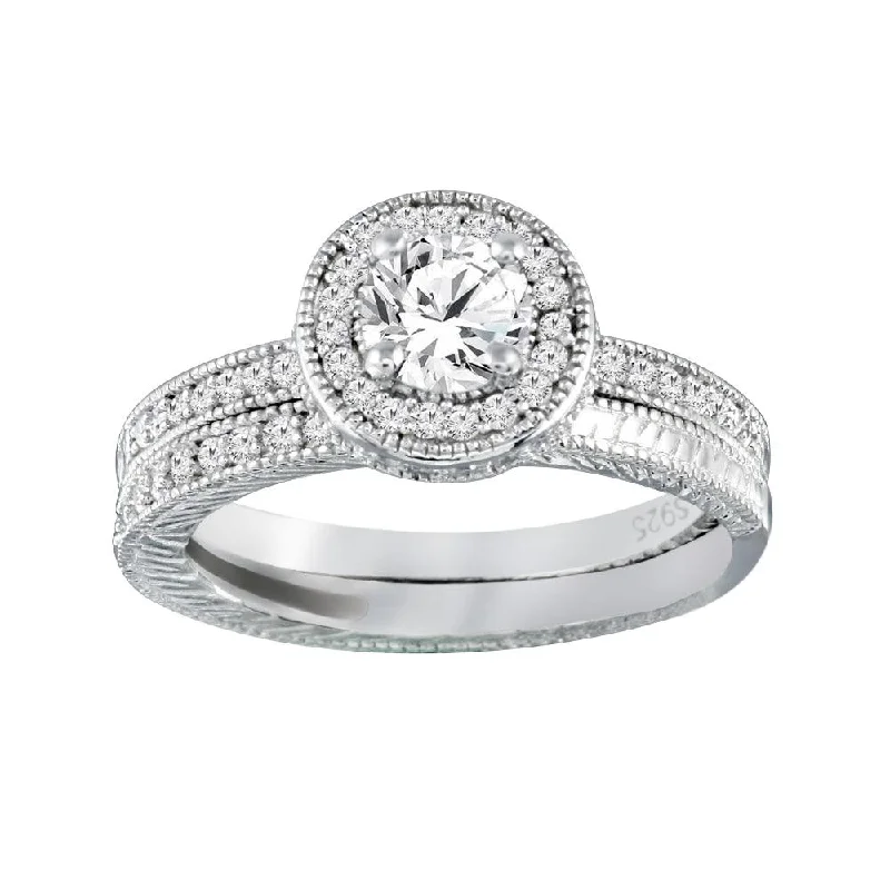 925 Sterling Silver  Rhodium Plated Micro Pave CZ Engagement Ring Set - ACR00023