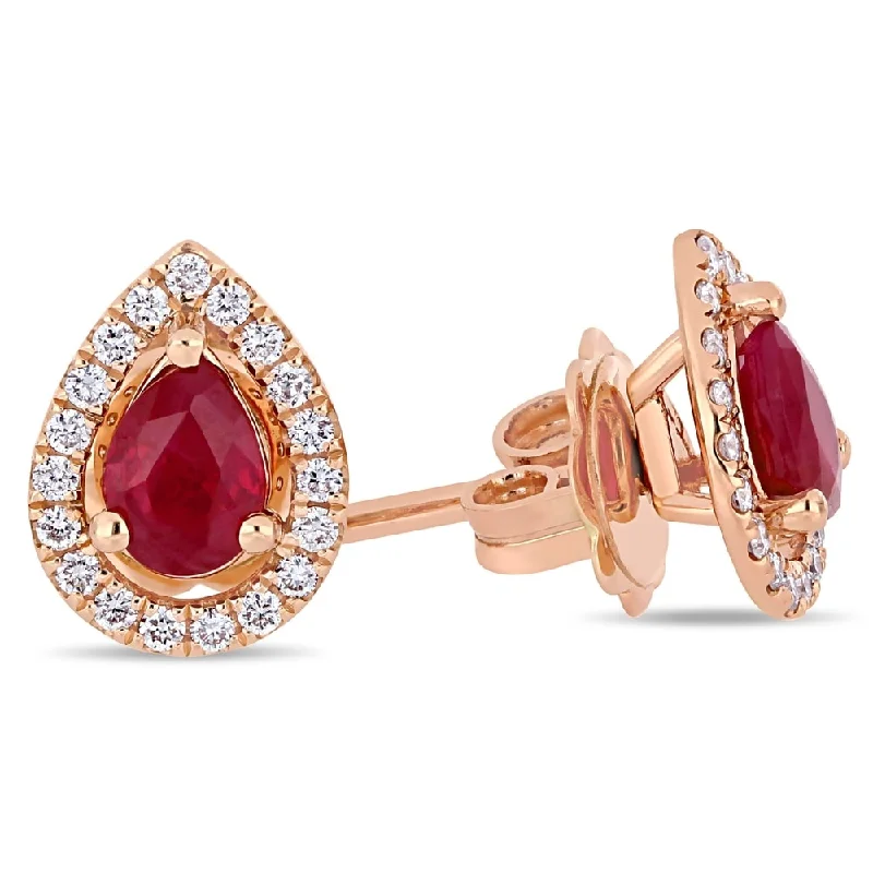 Miadora 14k Rose Gold Ruby and 1/5ct TDW Diamond Teardrop Halo Stud Earrings