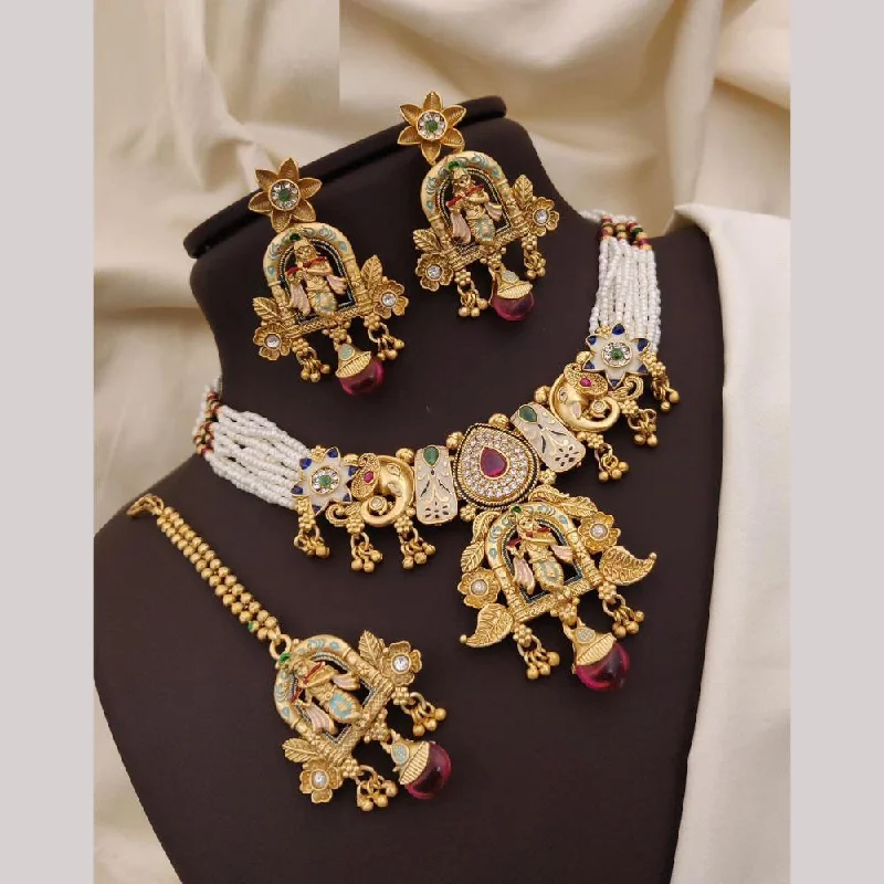 Neetu Art Gold Plated Pota Stone And Meenakari Pearls Necklace Set