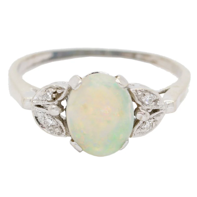 Antique Art Deco White Opal and Diamond Ring in 14k White Gold | Size 8.5