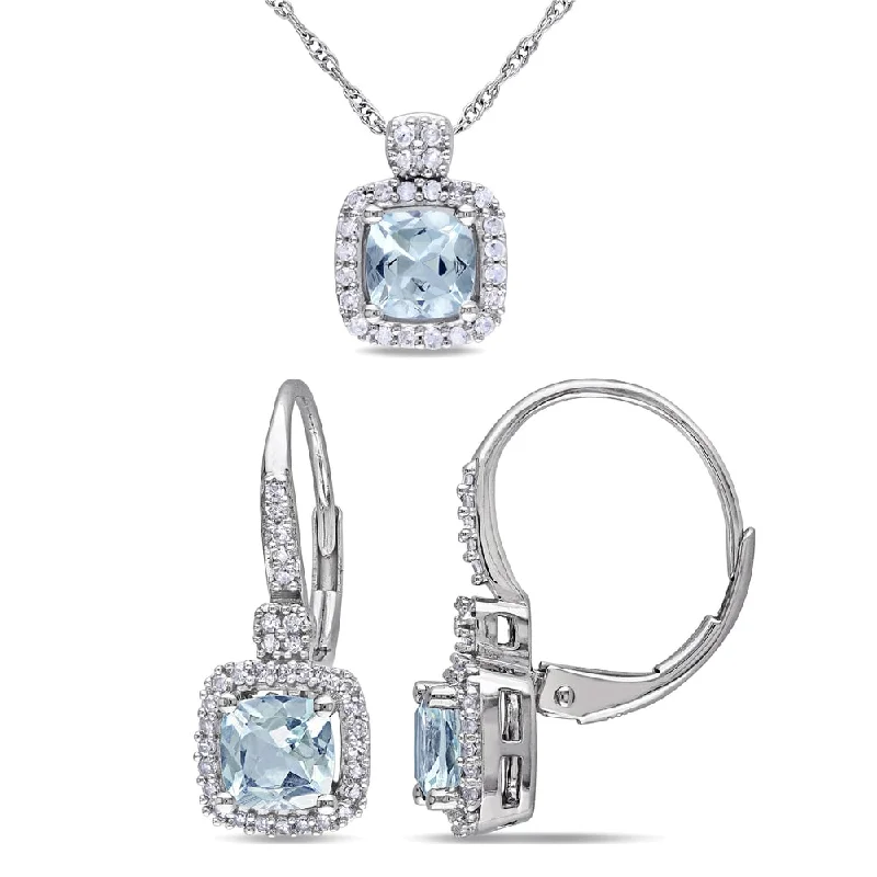 Miadora Cushion-Cut Aquamarine and 1/3ct TDW Diamond Necklace and Leverback Earrings 2-Piece Set in 10k White Gold (G-H,I1-I2)