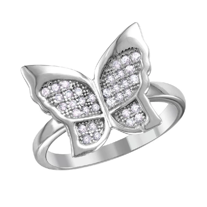 Silver 925 Rhodium Plated Butterfly Ring with Micro Pave CZ Stones - BGR01019