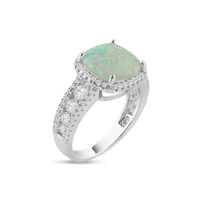 Rhodium Plated 925 Sterling Silver Opal Stone With CZ Ring - BGR01314