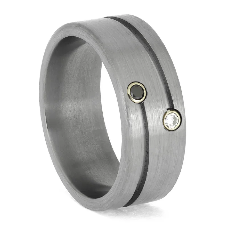 Yinyang Diamond Ring with Grooved Pinstripes, Titanium Band