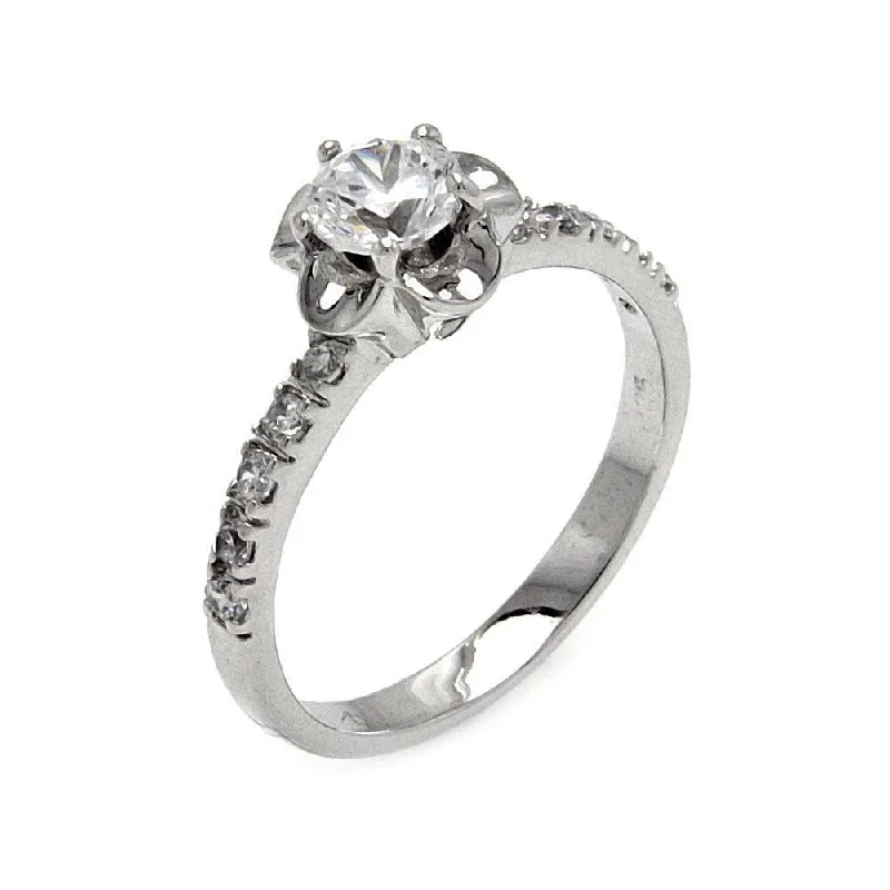 Silver 925 Rhodium Plated Clear Round Center CZ Flower Ring - BGR00548