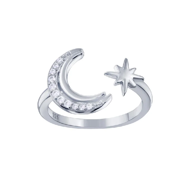 Rhodium Plated 925 Sterling Silver Cresent Moon and Star CZ Ring - STR01137RH