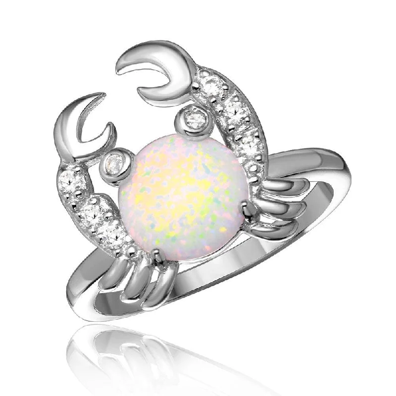 Silver 925 Rhodium Plated Hanging Crab Design Ring with Synthetic Opal and CZ - BGR01051