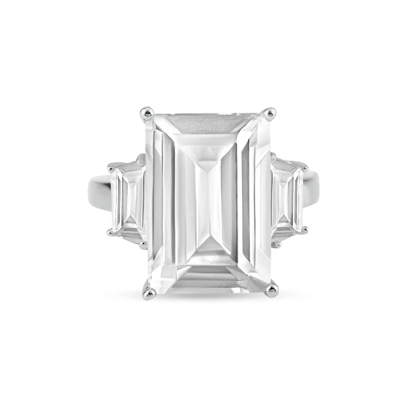 Rhodium Plated 925 Sterling Silver Clear Baguette and Rectangular Center CZ Bridal Ring - BGR00427