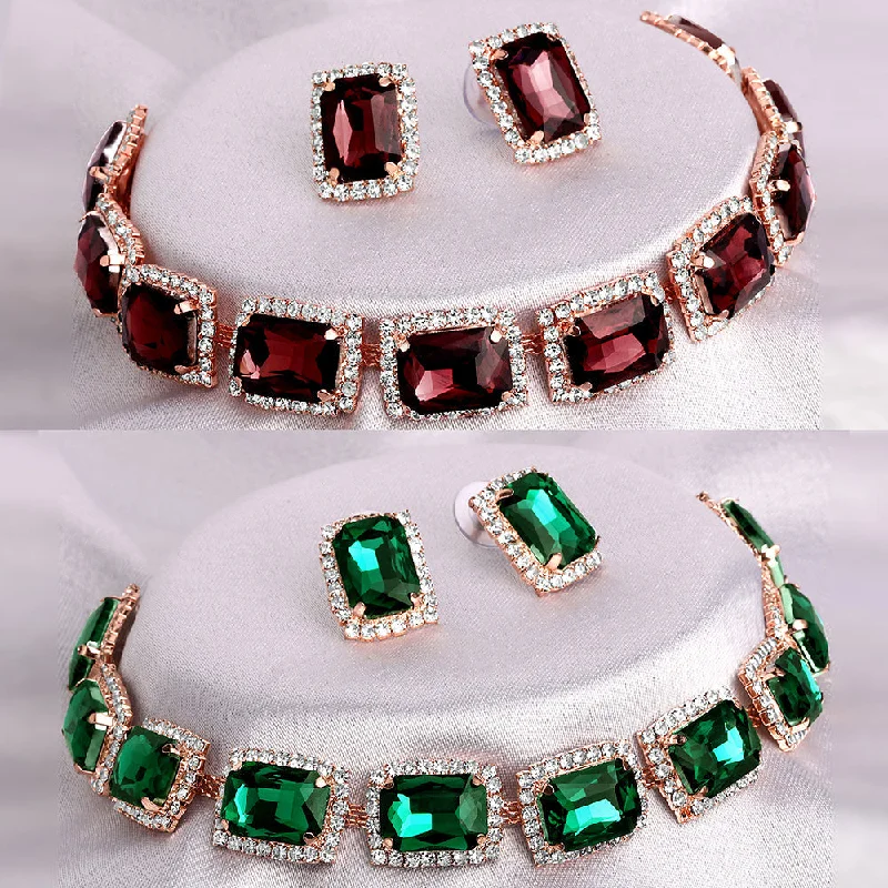 Shrishti Fashion Luxurious Squire Maroon And Green Rose Gold Plated Set Of 2 Collar Necklace Set Combo For Women