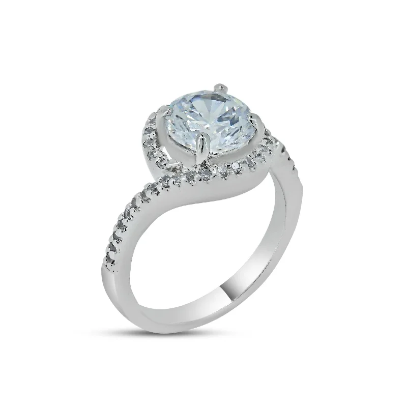 Rhodium Plated 925 Sterling Silver Clear Round Center CZ Bridal Ring - BGR00366