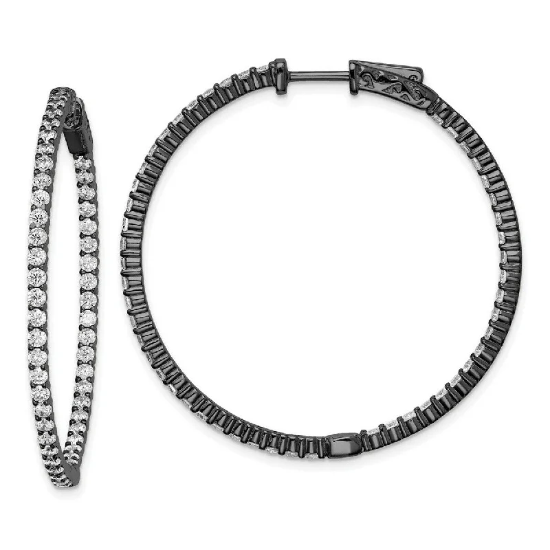 Curata 925 Sterling Silver Polished Prong set Hinged hoop Safety clasp Ruthenium plating Black Plated With CZ Hoop Earrings