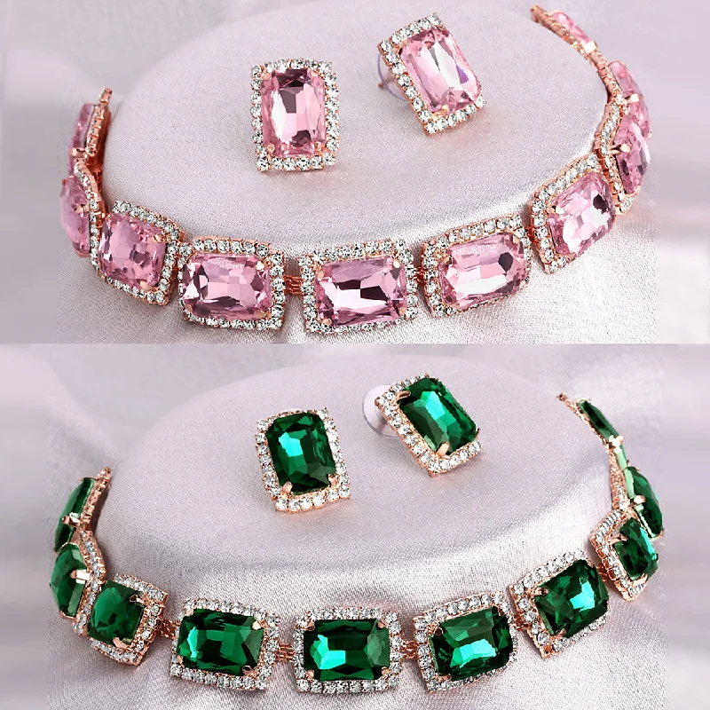 Shrishti Fashion Marvellous Squire Pink And Green Rose Gold Plated Set Of 2 Collar Necklace Set Combo For Women