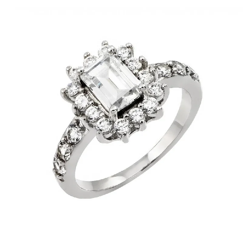 Silver 925 Rhodium Plated Clear Cluster and Square Center CZ Engagement Ring - BGR00792