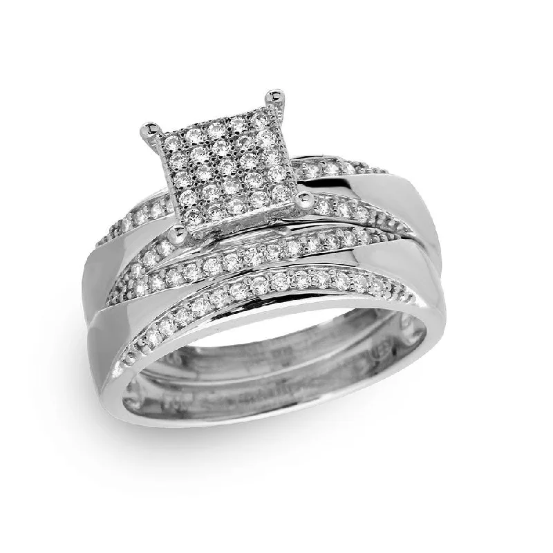 Silver 925 Rhodium Plated Square Pave Center Trio Bridal Ring - GMR00160