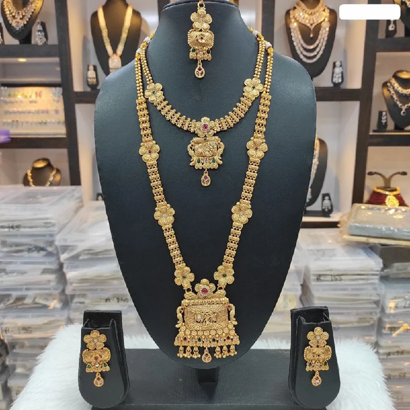 Heera Jewellers Gold Plated Pota Stone Double Necklace Set