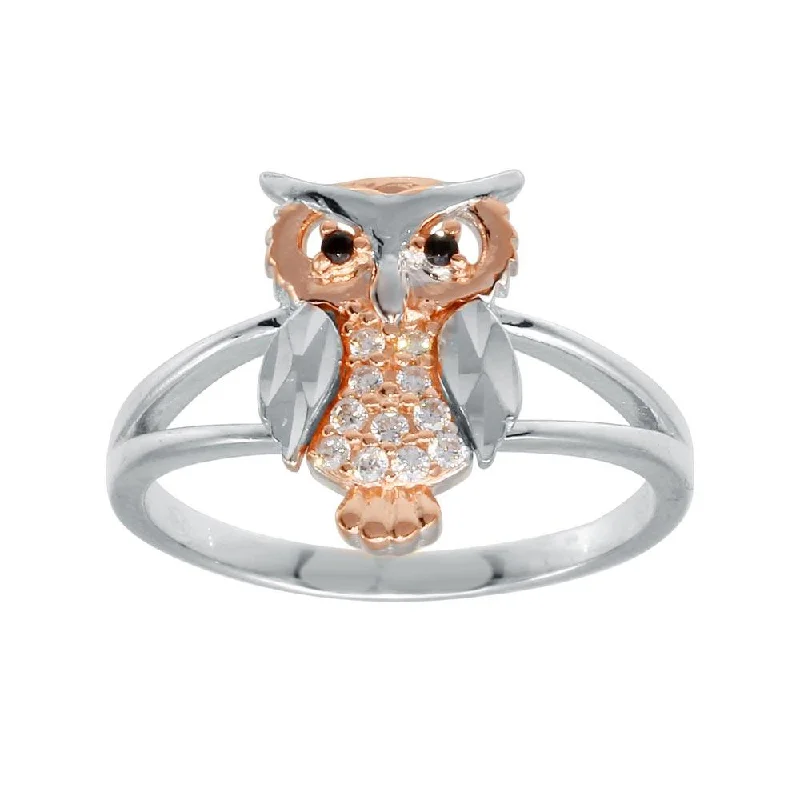 Silver CZ Diamond Cut Two-Tone Owl Ring - GMR00298RHR