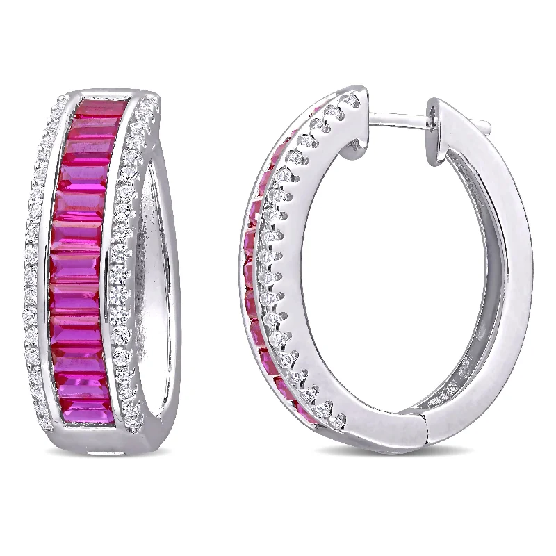 Miadora Sterling Silver Baguette & Round Created Ruby & Created White Sapphire Halo Hoop Earrings - 23.5mm x 7.2mm x 20mm