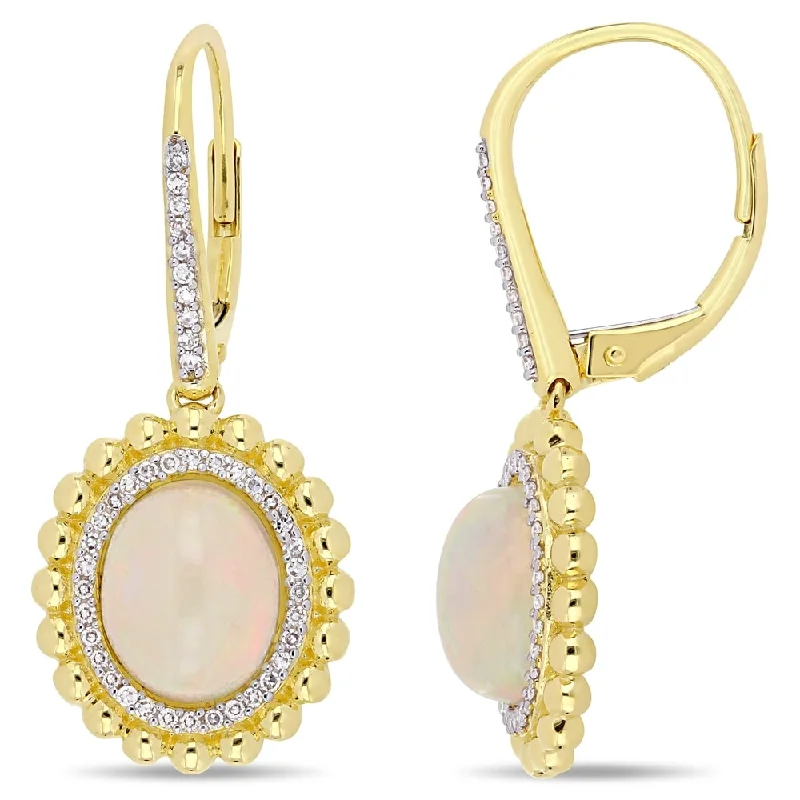 Miadora 14k Yellow Gold Blue-Hued Ethiopian Opal and 1/4ct TDW Diamond Beaded Halo Leverback Earrings