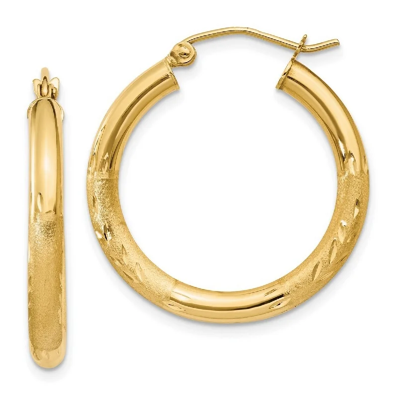 Curata 10k Yellow Gold Satin and Sparkle Cut 3x25mm Round Hoop Earrings