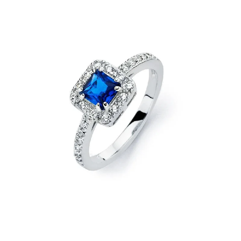 Silver 925 Rhodium Plated Clear Micro Pave Set and Square Blue Center CZ Bridal Ring - BGR00735