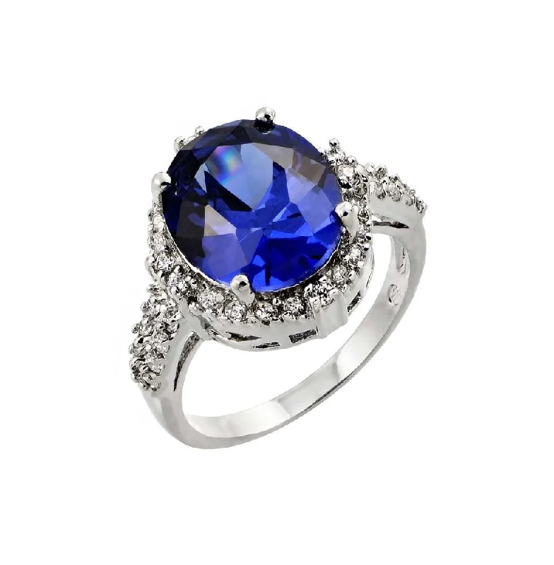 Silver 925 Rhodium Plated Blue Oval and Clear Inlay CZ Bridal Ring - BGR00777