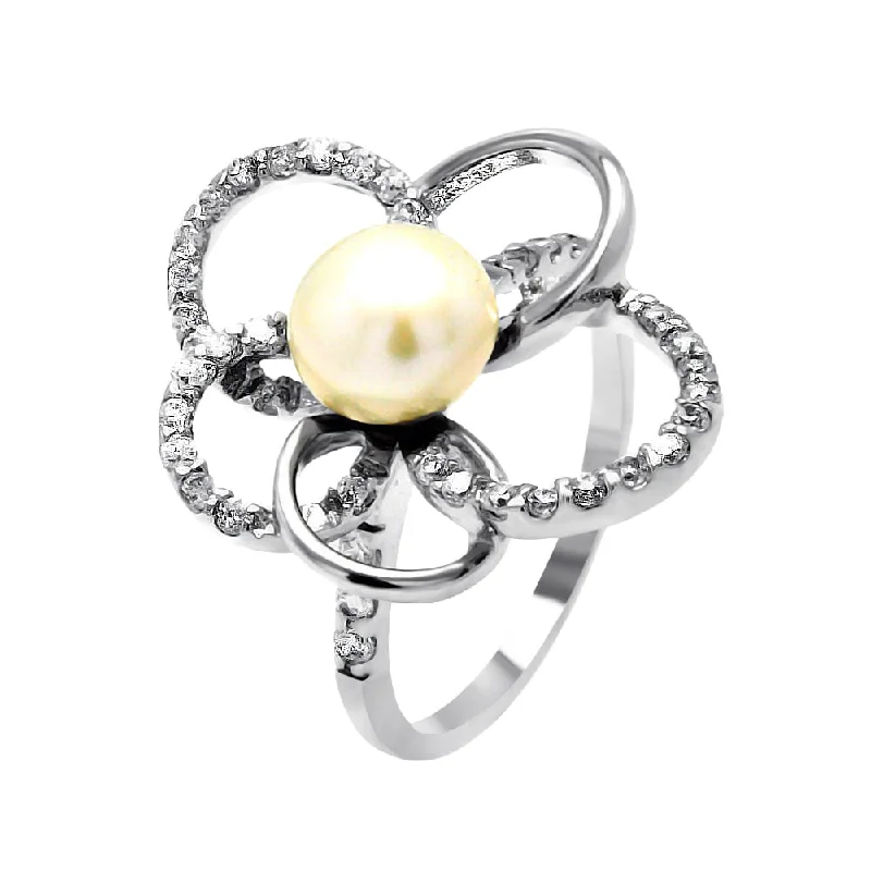 Silver 925 Rhodium Plated Fresh Water Pearl Center Clear CZ Flower Ring - BGR00512