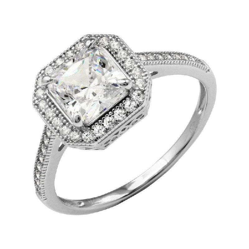 Rhodium Plated 925 Sterling Silver Square Halo Ring with CZ Shank - GMR00209