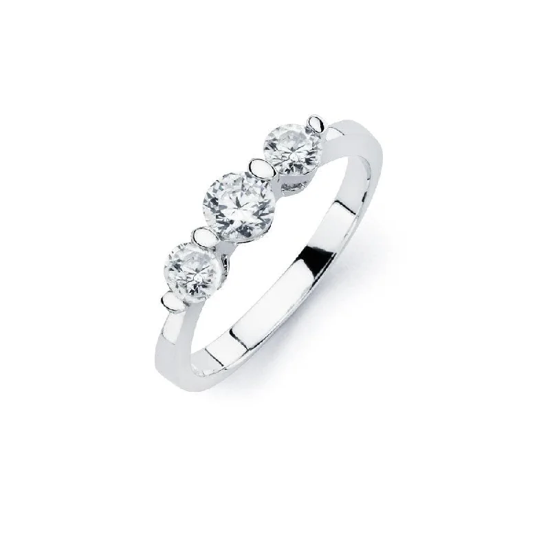 Silver 925 Rhodium Plated 3 Set Round Clear CZ Bridal Ring - BGR00761