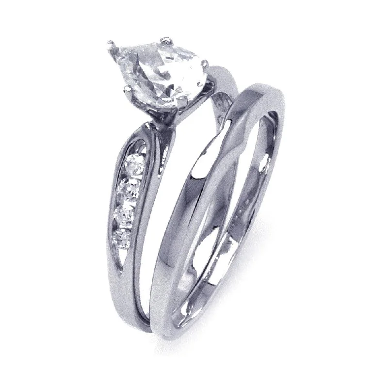 Silver 925 Rhodium Plated Clear Teardrop CZ Bridal Ring Set - STR00843