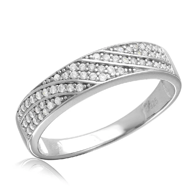 Rhodium Plated 925 Sterling Silver Men's Wave CZ Band Wedding Ring - GMR00155